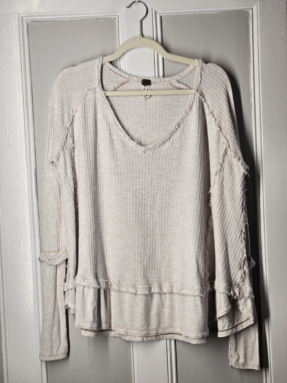 We The Free Cream Waffle V-Neck Layered Hem Sweatshirt